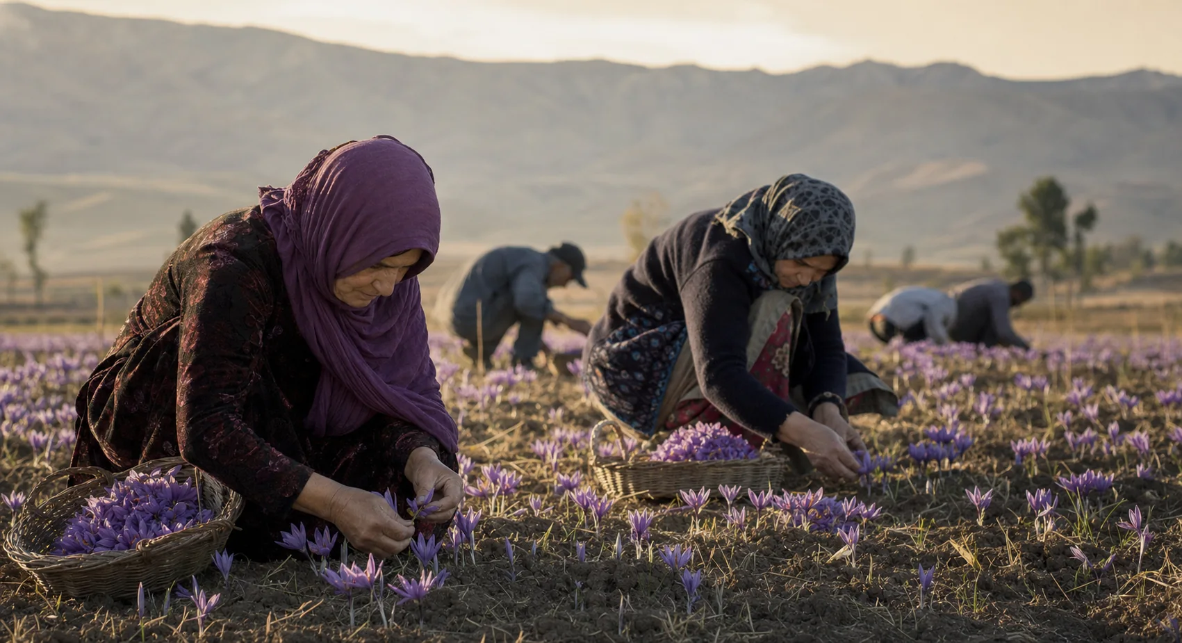 Saffron flowers being gathered by hand in an Iranian field