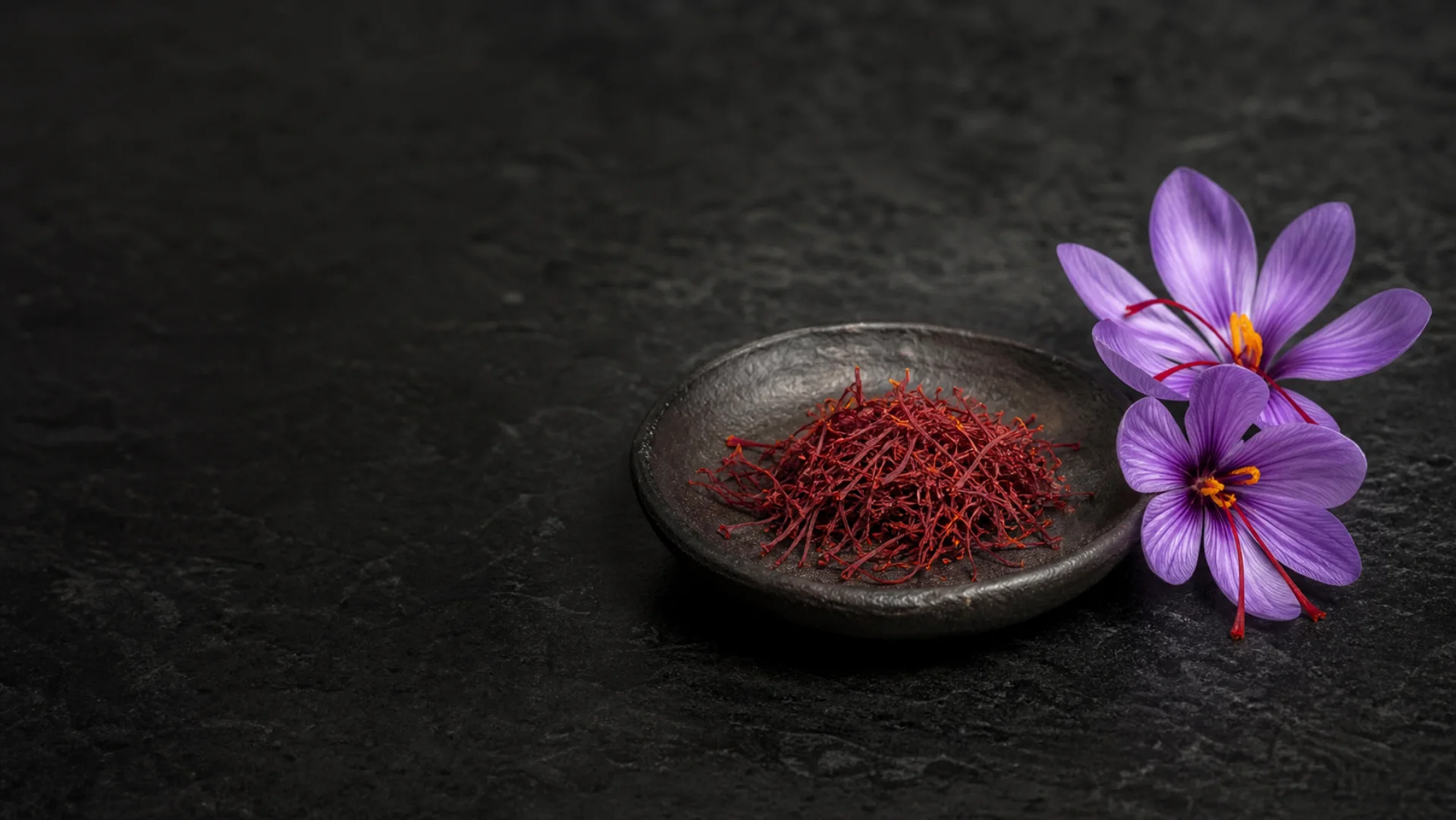 Natural Iranian saffron threads beside fresh saffron crocus flowers