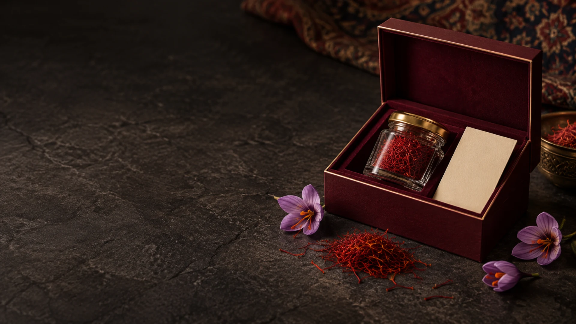 Luxury saffron gift presentation with a glass jar of deep-red saffron threads