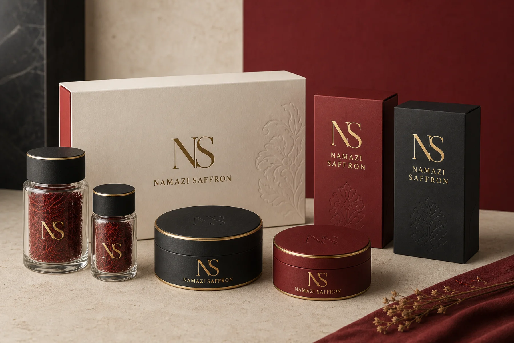Namazi Saffron NS-branded glass jars, tins, retail boxes, and gift packaging